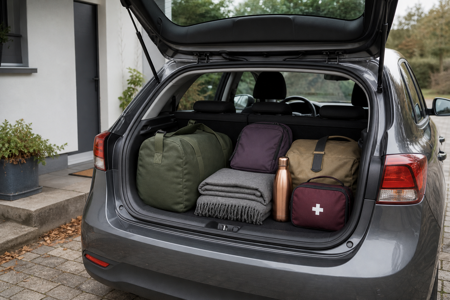 Geöffneter Kofferraum mit ordentlich gepackten Reisetaschen, Decke, Trinkflasche und Erste-Hilfe-Tasche