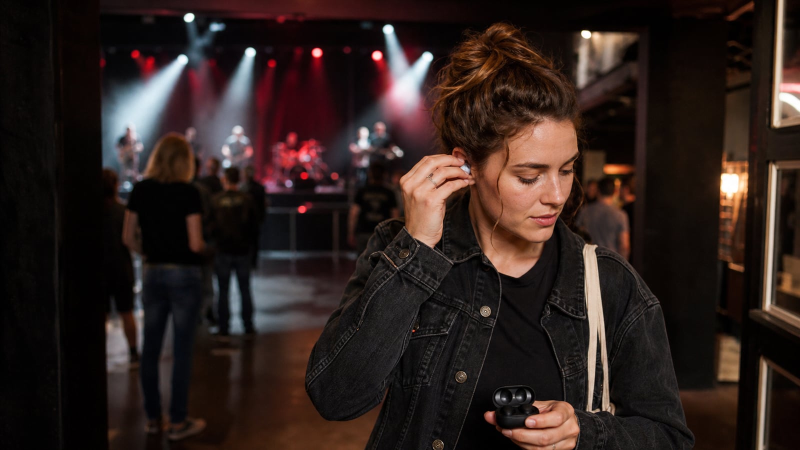 Konzertbesucherin setzt vor der Musik Gehörschutz ein