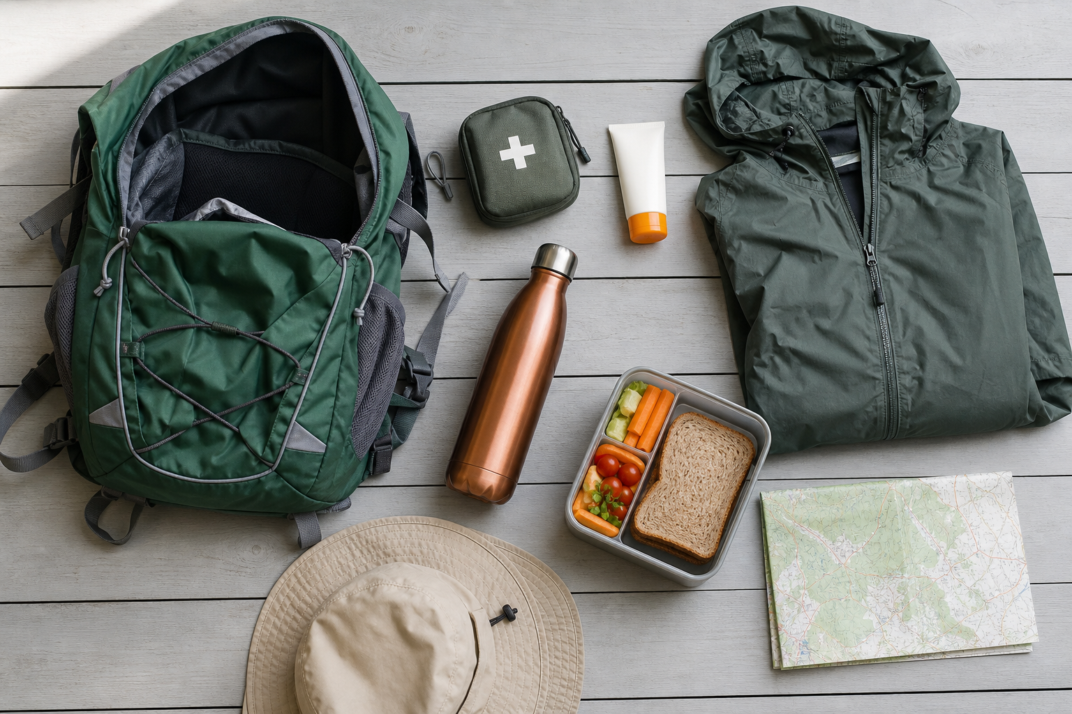 Tagesrucksack mit Regenjacke, Trinkflasche, Brotzeit, Sonnenhut, Karte und Erste-Hilfe-Set