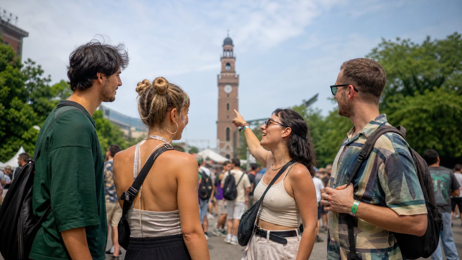 Freunde vereinbaren auf einem Festival einen gut sichtbaren Treffpunkt