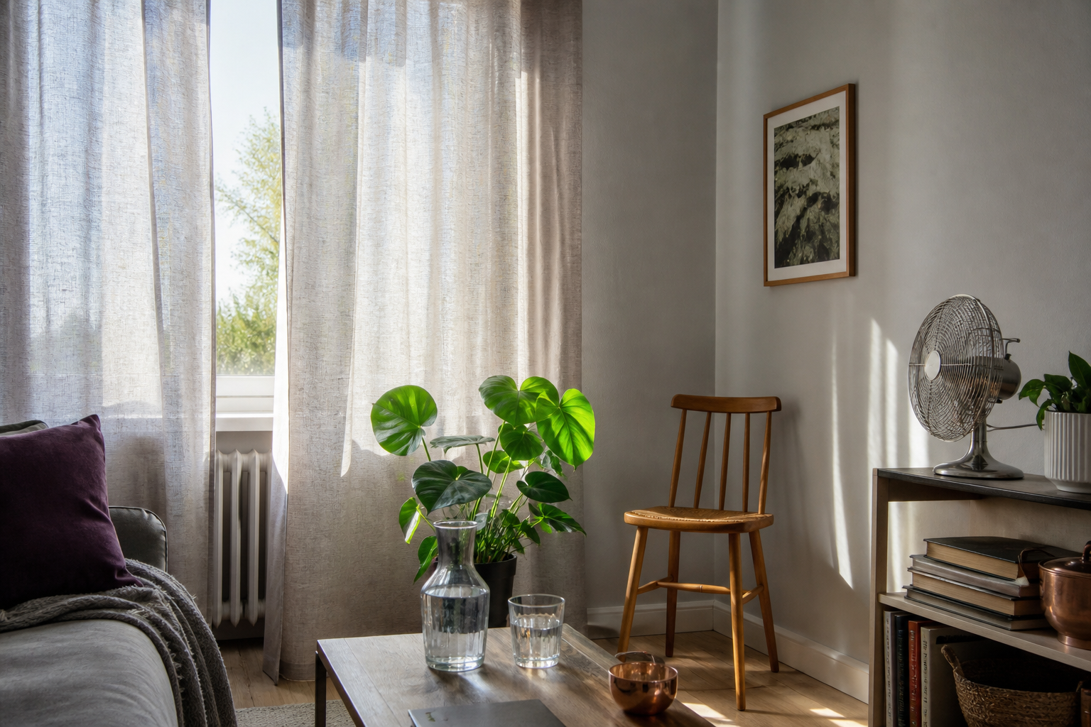 Helles Wohnzimmer mit geschlossenen Leinenvorhängen, Wasser, Zimmerpflanze und Ventilator